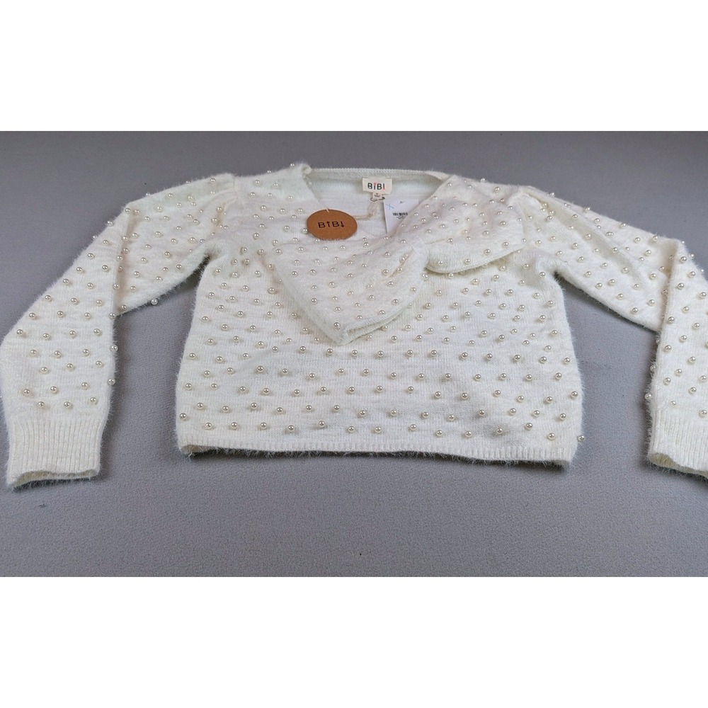 BiBi Women Pearl Embellished Bow Sweater Cream Fuzzy Long Sleeve V-Neck Size M